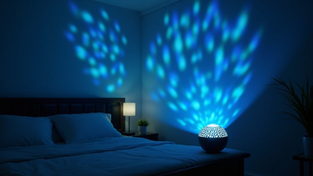 The Aurora Water Ripple Projector in cozy bedroom setting